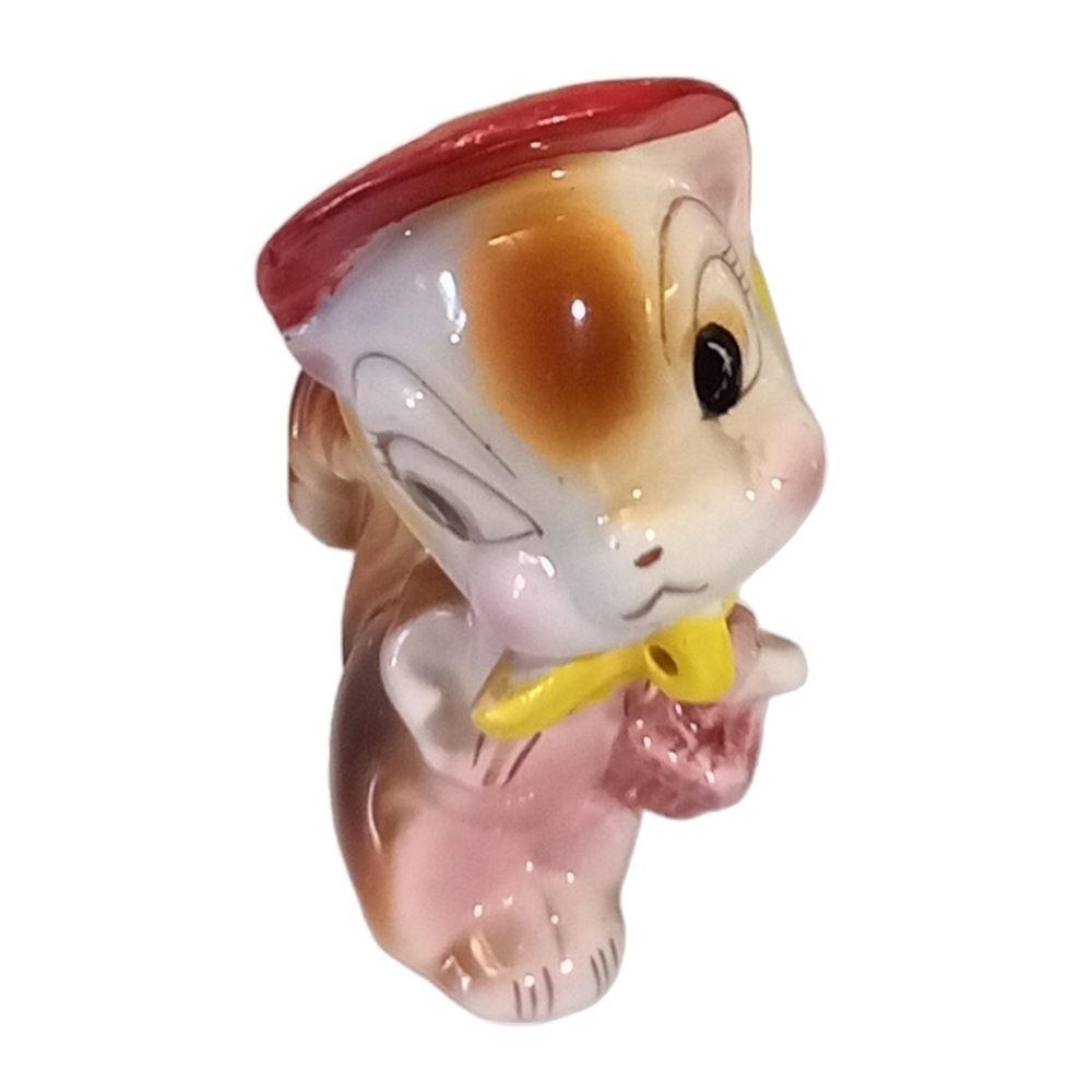 Vintage Kitsch Small Squirrel w Red Bonnet & Basket